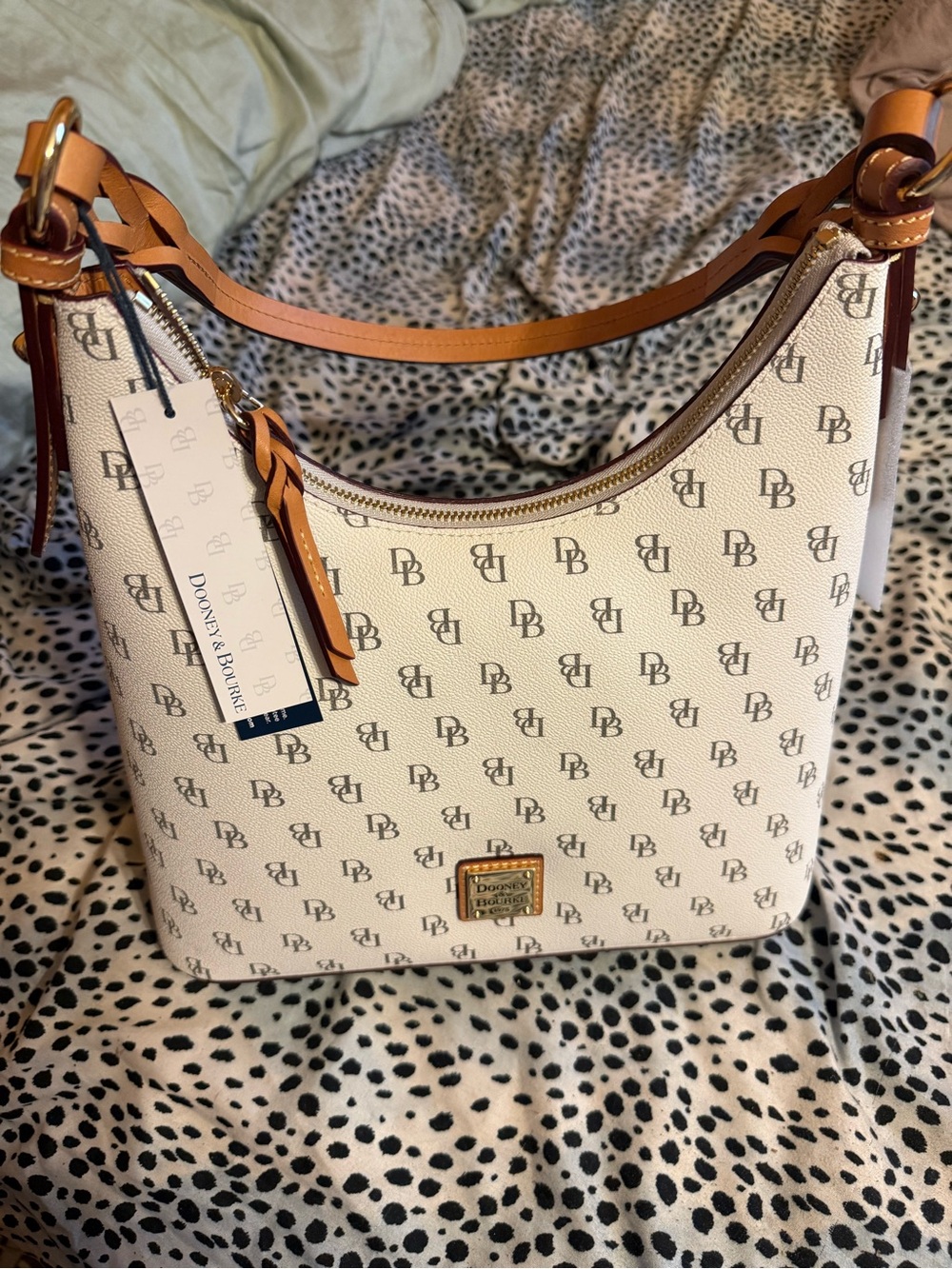 Dooney & Bourke Cream Logo Shoulder Bag with Tan Trim